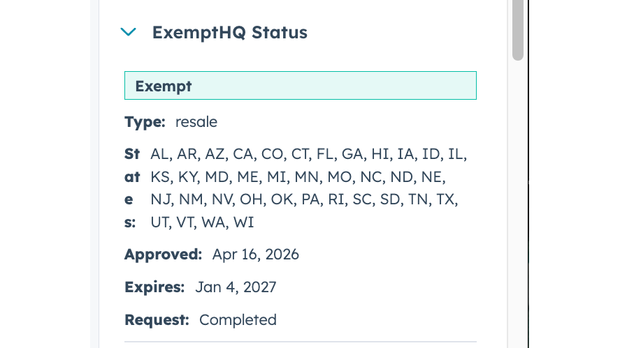 screenshot of the ExemptHQ Status sidebar card showing "Exempt" with covered states